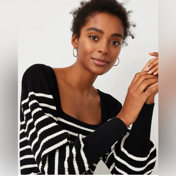 Ann Taylor Striped Midi Sweater Dress Square Neck Black White NWT Size Small - Picture 3 of 7